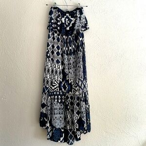 Midi strapless dress with asymmetrical hem (shorter in the front)